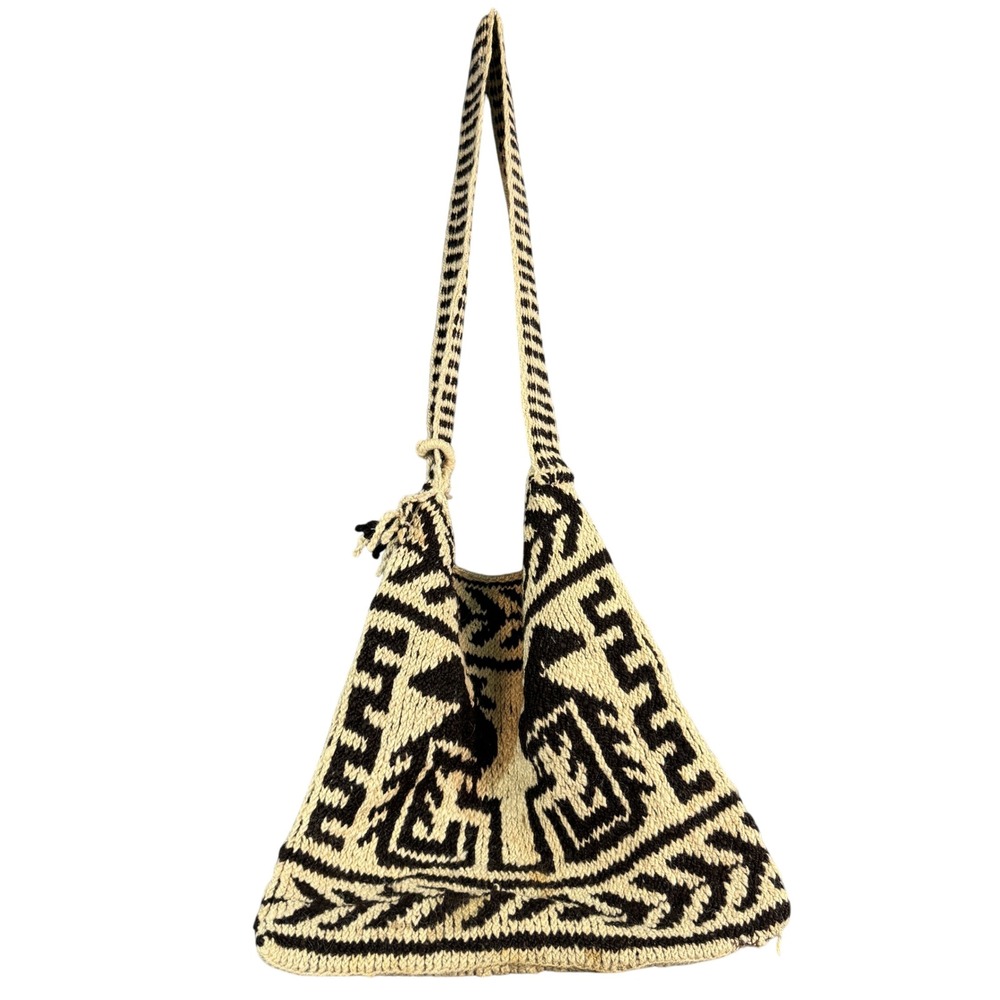 Vintage Hand Knit Wool Geometric Tribal Boho Shoulder Bag Brown Cream Slouchy